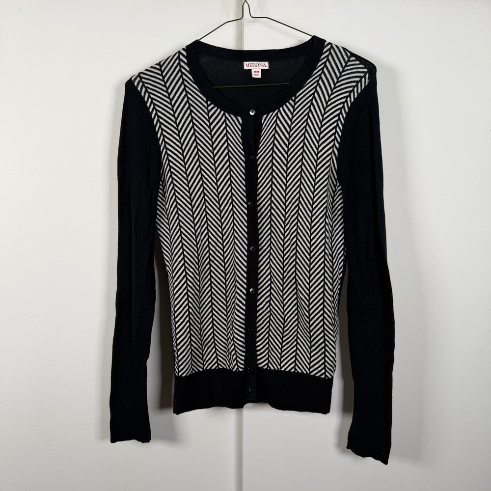 Merona Womens Cardigan Sweater Black White Chevron Herringbone Button Front M